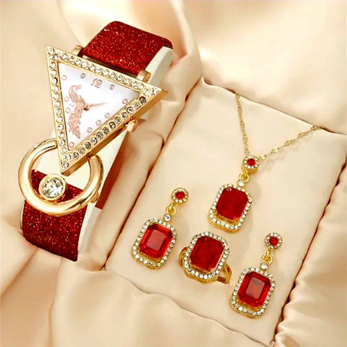 Parure Bijoux Élégance – Montre Triangle Strass, Bracelet/Collier, Boucles d'Oreilles & Bague – Coffret Cadeau Inclus